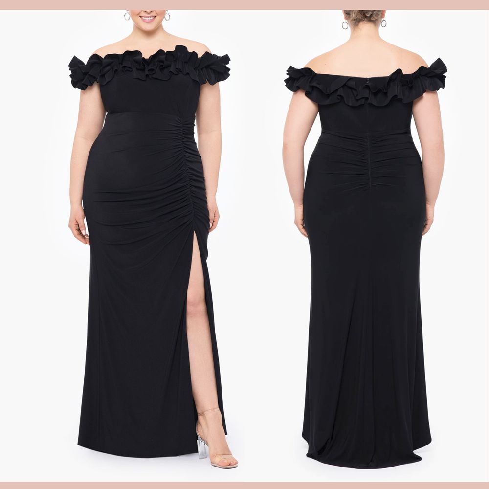 NWD $268 Xscape [ PLUS 16W ] Ruthie Ruffle Off the Shoulder‎ Gown Black
